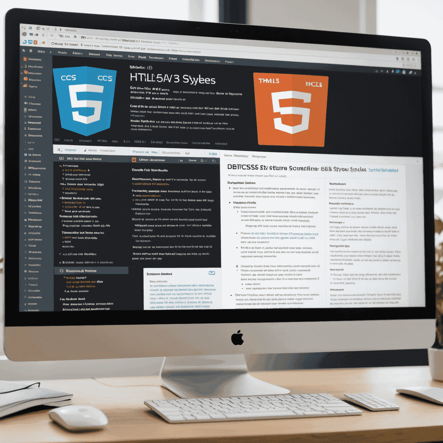 Изображение, показывающее структуру HTML5 и стили CSS3 на экране компьютера. На переднем плане видны фрагменты кода, а на заднем плане - готовый веб-сайт.